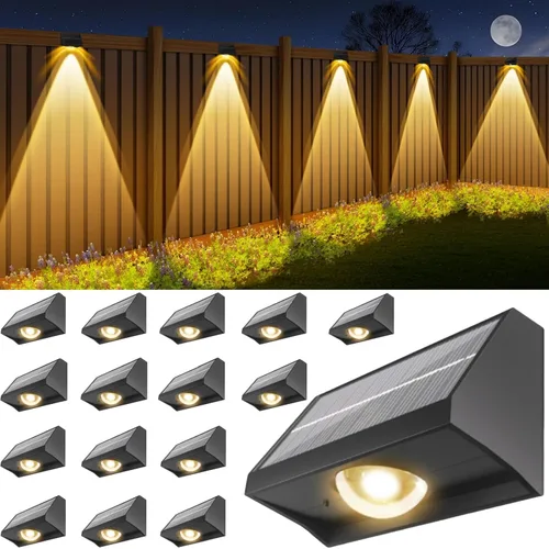 Vista 14 de Luces solares para valla al aire libre, impermeables, LED de alto brillo con lente spot, luces para cubierta, 7 modos blanco cálido y frío RGB