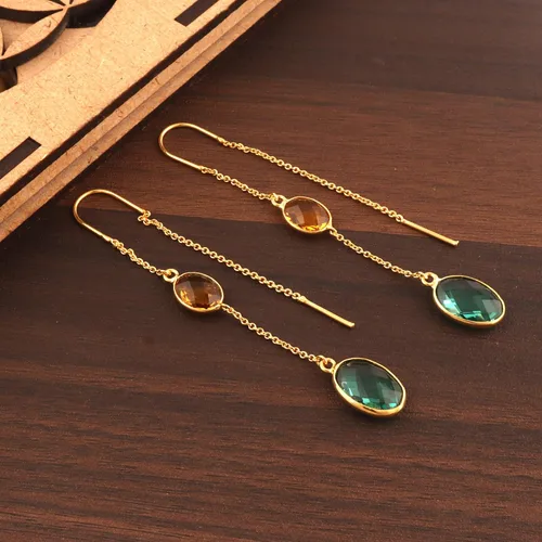 Vista 3 de Guntaas - Pendientes ovalados de doble piedra de cuarzo citrino aguamarina, chapados en oro, chapados en oro, colgantes de cadena larga, Earrings
