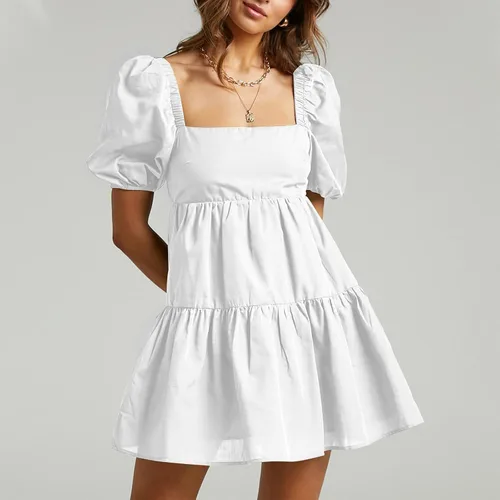 Vista 3 de Shy Velvet Mini vestidos casuales de verano para mujer, cuello cuadrado, manga corta burbuja, vestido babydoll