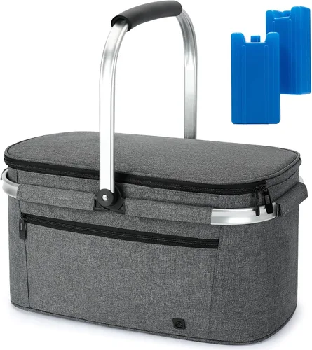 Vista 19 de ALLCAMP Cesta de pícnic, 2 cajas de hielo incluidas con enfriador aislado de 32 litros, cesta de picnic plegable gruesa con cestas extraíbles