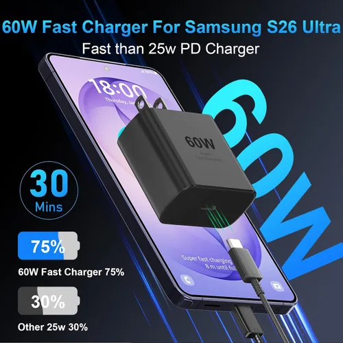 Vista 2 de 60W Super Fast Charger USB C, Type C Android Phone Charger Fast Charging Negro