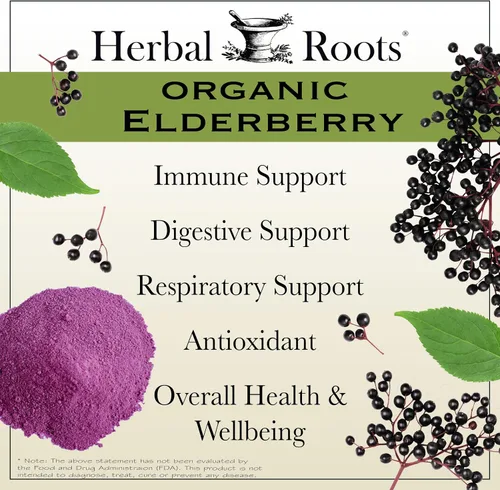 Vista 3 de Herbal Roots - Cápsulas orgánicas de saúco negro, fuerza máxima, certificado por USDA orgánico, apoyo inmunológico, 60 cápsulas veganas