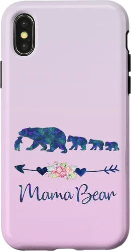 Vista 5 de Funda para iPhone 16, diseño floral de mamá oso de cuatro cachorros, color verde azulado y morado