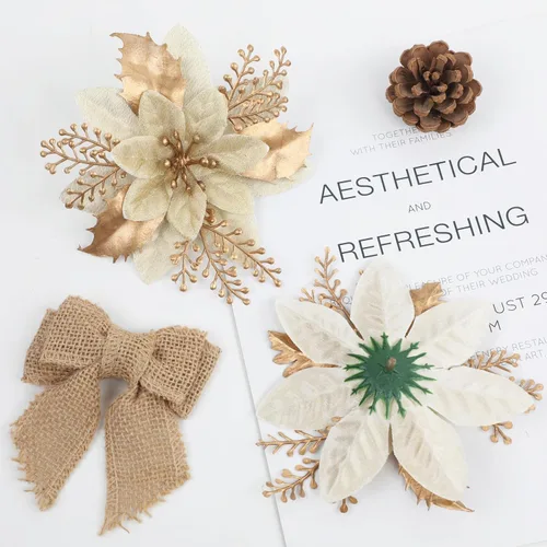 Vista 2 de 24 piezas de flores de Pascua doradas de 6 pulgadas para decoraciones de árbol de Navidad - Flores artificiales para adornos de árbol de Navidad