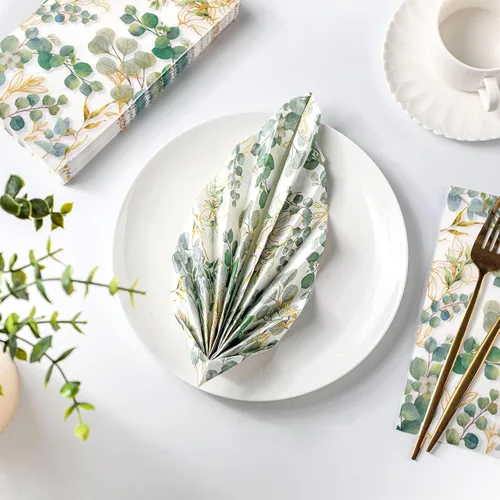 Vista 7 de Spiareal - 120 servilletas de papel verde de 3 capas desechables para invitados, toallas de mano para baño, hojas de eucalipto verdes, servilletas