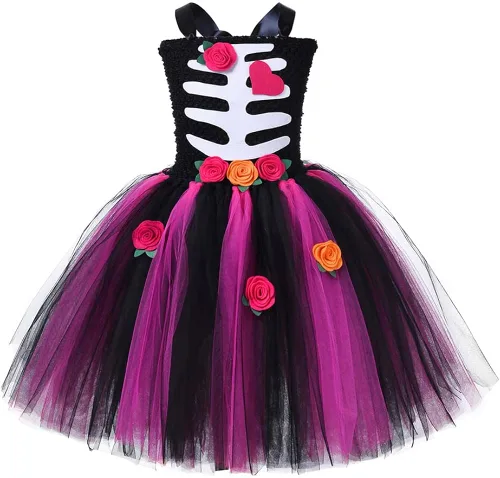 Vista 6 de IBAKOM Scary Halloween Costumes for Kids 2PCS Skeleton Bride Dress Toddler Death Wedding Outfits Day of The Dead Costume