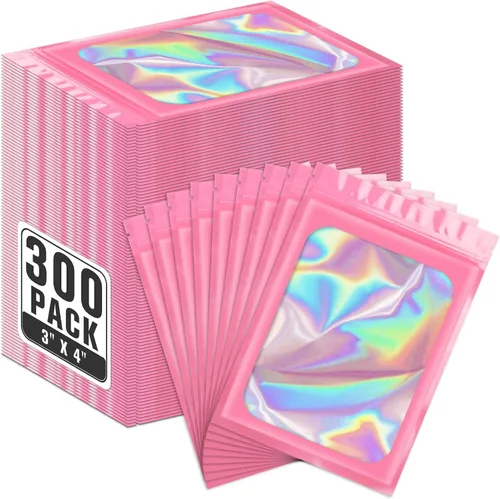 Vista 25 de ANZNKU Paquete de 300 bolsas multicolor para bolígrafos, bolsas holográficas de Mylar con ventana transparente, bolsas de embalaje a prueba