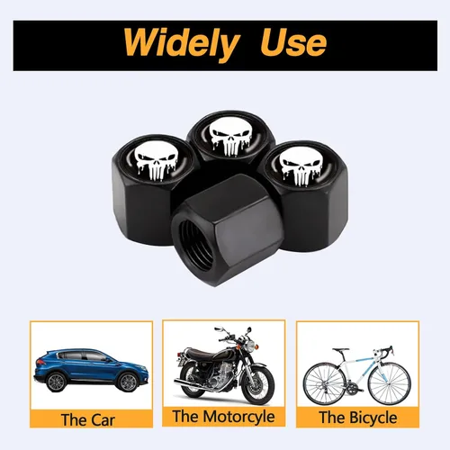 Vista 4 de Ajxn Paquete de 4 tapas de válvula de neumático con calavera para rueda de coche, cubiertas herméticas a prueba de polvo, tapas universales