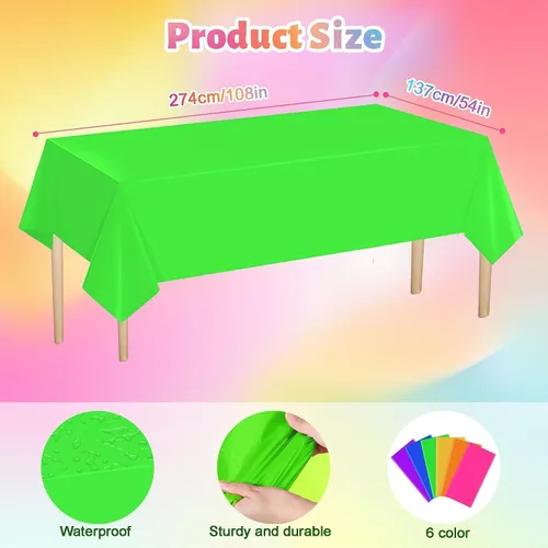 Vista 2 de Paquete de 6 manteles de neón desechables de plástico arcoíris para decoraciones de fiestas, suministros de cumpleaños y bodas (color neón)