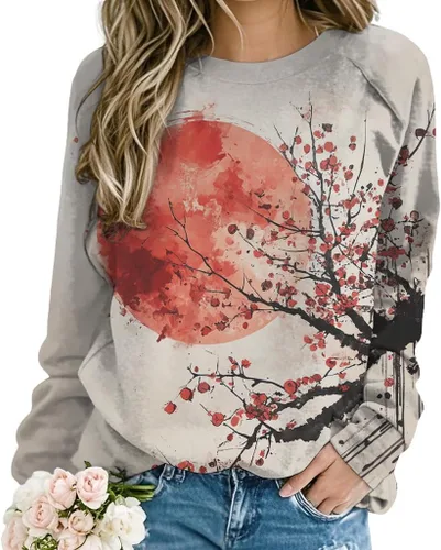 Vista 9 de ZOCANIA Sudaderas para mujer, sin capucha, manga larga, cuello redondo, estampado floral, ajuste holgado