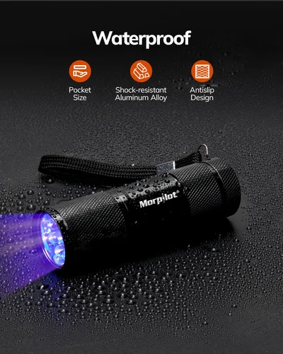 Vista 2 de Morpilot - Linterna de luz negra mini UV: linternas de luz negra de 395nm, luz de 9 led para detector de orina de mascotas para perro/gato, manchas
