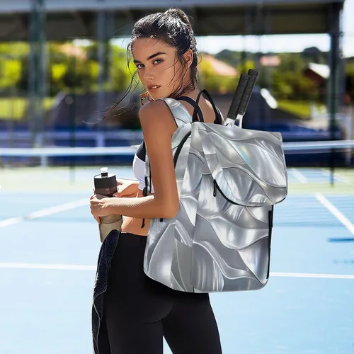 Vista 7 de Mochila de tenis para mujer y hombre, transpirable, con carcasa plateada, bolsa de viaje deportiva para hombres y mujeres, bolsa deportiva de tenis