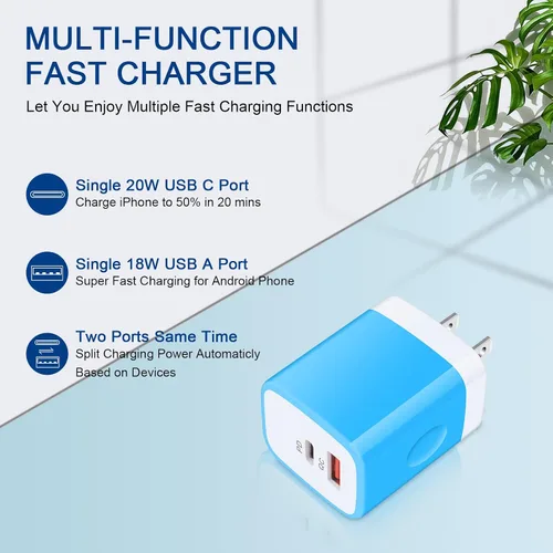 Vista 2 de Cargador de pared USB C, 2 puertos de 20 W, USB A y USB C [PD/QC 3.0], paquete de 3 adaptadores de enchufe de pared USB-C para iPhone