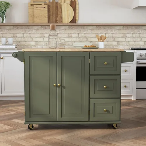 Vista 2 de Homestyles Carrito móvil de isla de cocina con parte superior de madera y barra de desayuno con hoja desplegable, 18" de profundidad x 53.5" de Verde