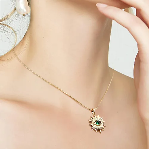 Vista 4 de Collar de mal de ojo chapado en oro de 18 quilates, delicado dije de moneda de girasol, cadena fina de oro con cuentas de cara sonriente, collares