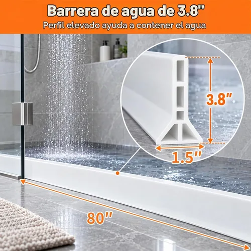 Vista 5 de Barrera de Agua para Umbral de Ducha de 3.8 Pulgadas de Alto, Plegable de 70 Pulgadas, Protector contra Salpicaduras de Agua de Ducha, Bloqueador