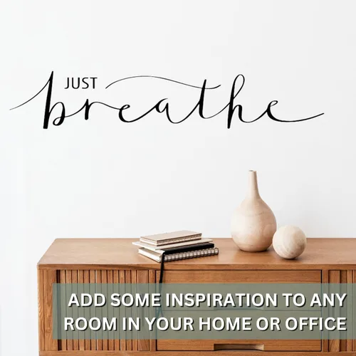 Vista 2 de Aldera Graphics Calcomanía de vinilo para pared, cita inspiradora, calcomanías de letras con texto en inglés "Just Breathe Words" - Mural