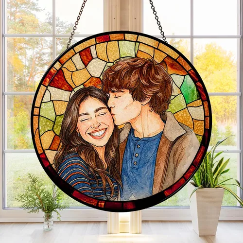 Vista 3 de Foto personalizada para parejas con vitrales de imitación para parejas, retrato de fotos para colgar en la ventana, regalo para él y él, regalo