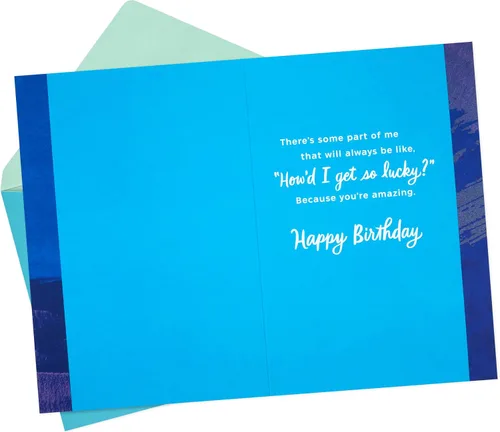 Vista 2 de Tarjeta de cumpleaños de Hallmark para marido, esposa, novio, novia (tan afortunado)