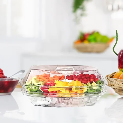 Vista 7 de Bandeja de servir enfriada con hielo extragrande con tapa, plato de frutas transparente con 4 compartimentos, plato de cóctel de camarones, cuenco