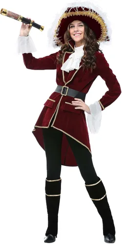 Vista 2 de Adult Captain Hook Costume Womens, Neverland Fancy Maroon Pirate Halloween Outfit