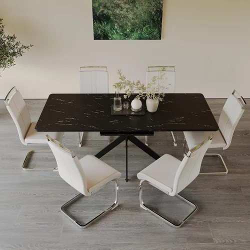 Vista 11 de Mesa de comedor de mármol para 4-8, mesa de comedor extensible de 62.4 a 78.15 pulgadas, mesa de cocina moderna, mesa rectangular que ahorra espacio