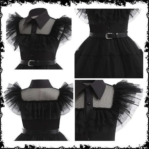 Vista 7 de Wednesday Addams - Vestido para niños y niñas, disfraz de fiesta familiar Addams, uniforme de academia, vestidos de baile, vestido de fiesta