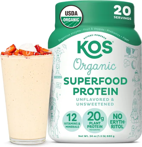 Vista 13 de KOS Proteína en polvo a base de plantas, muffin de arándano - Superalimento de proteína de guisantes orgánico con mezcla de espirulina y apoyo
