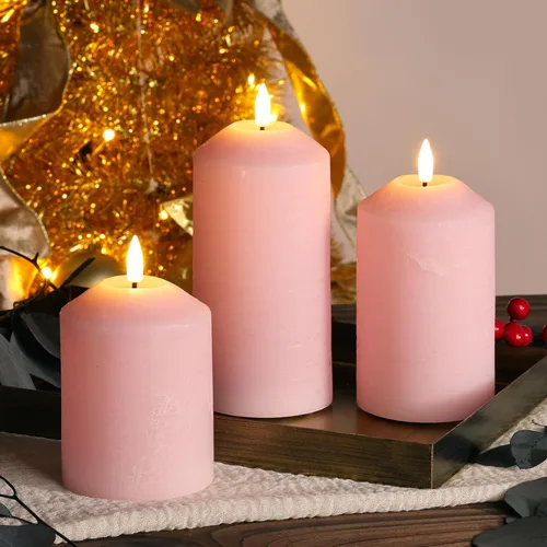 Vista 6 de Juego de 3 velas de pilar sin llama color rosa con control remoto, velas LED de cera real que funcionan
