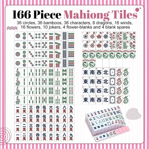 Vista 3 de Juego de 166 piezas de mahjong americano de viaje rosa con bolsa