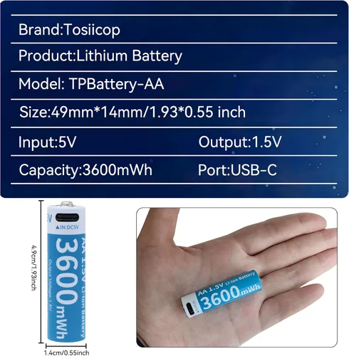 Vista 7 de Baterías de litio recargables AA, paquete de 4 baterías de iones de litio recargables USB-C de 1.5 V 3600 mWh con cargador USB a tipo C 4 en 1