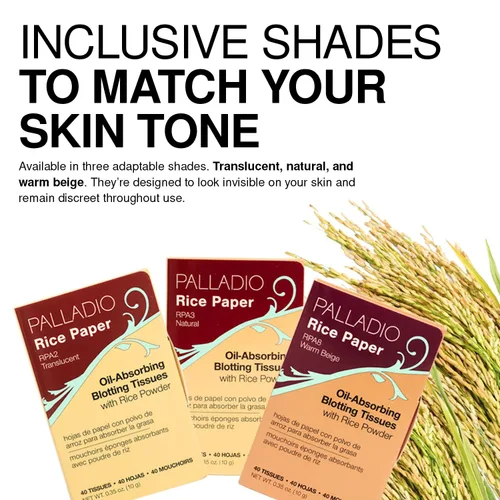 Vista 6 de Palladio Papel de arroz facial para piel grasa, hojas de secado facial hechas de arroz natural, papel absorbente de aceite con polvo de arroz, 2