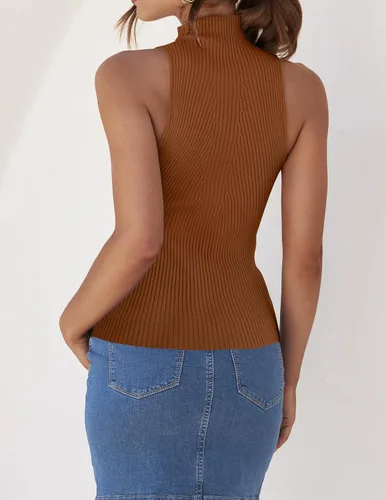Vista 4 de ZESICA Camisetas sin mangas de verano para mujer, cuello de tortuga, de punto acanalado, ajustadas, básicas, casuales
