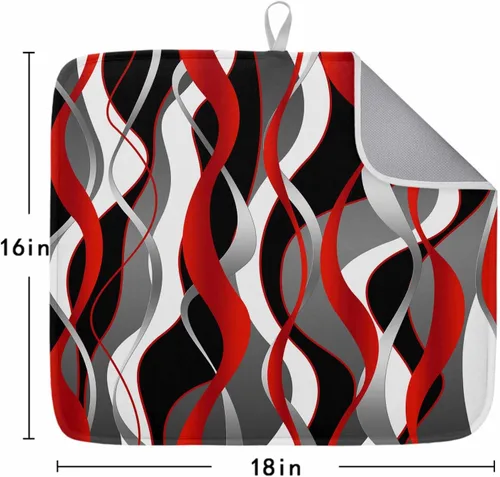 Vista 5 de Tapete de secado de cocina para mostrador de líneas abstractas 3D en negro, absorbente, plegable, de microfibra, color rojo, blanco, gris