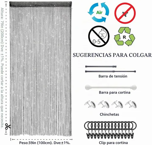 Vista 3 de 2 piezas de cortina de cuentas para puerta, divisor de habitación colgante, decoración de cuentas, panel de flecos con purpurina hippie para Negro