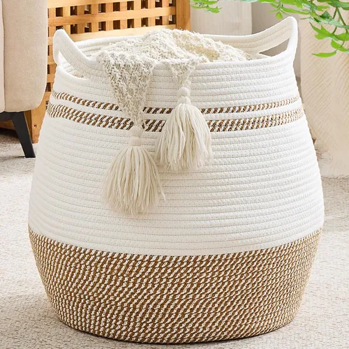 Vista 15 de KAKAMAY Cestas tejidas para almacenamiento (17 x 17 pulgadas), cesta grande de lavandería para bebé tejida con cuerda de algodón, cesta de Flecos