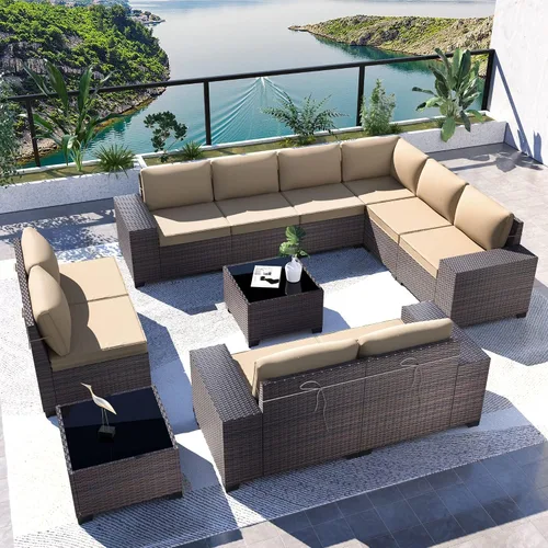 Vista 10 de Kullavik - Juego de muebles para exterior de 6 piezas con sofá modular de ratán de polietileno, color negro