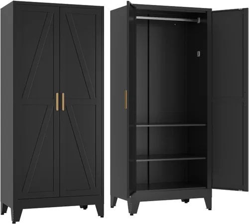 Vista 16 de COFaR Armario Armario con cajones y barra para colgar, armario de metal de 71 pulgadas con puertas y estante ajustable, armario de granja para Blanco