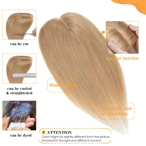 Vista 3 de S-noilite Toppers para el cabello para mujer, sin flequillo, #27 rubio oscuro con clip, piezas de cabello para mujeres con cabello delgado, base