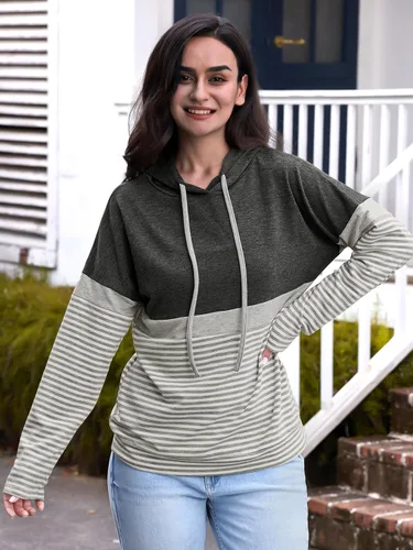 Vista 2 de Butgood Sudaderas con capucha de bloque de color para mujer, sudadera de manga larga, casual, con cordón, a rayas, túnica