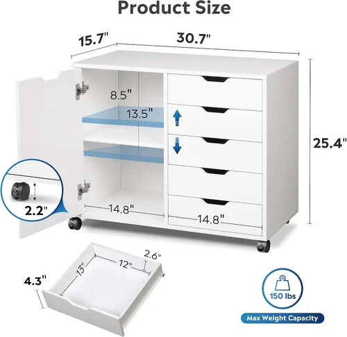 Vista 3 de DEVAISE Gabinete de madera con 5 cajones, gabinete de almacenamiento de Blanco