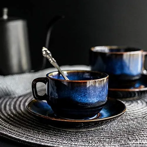 Vista 6 de Juego de 4 platillos de café de cerámica azul profundo