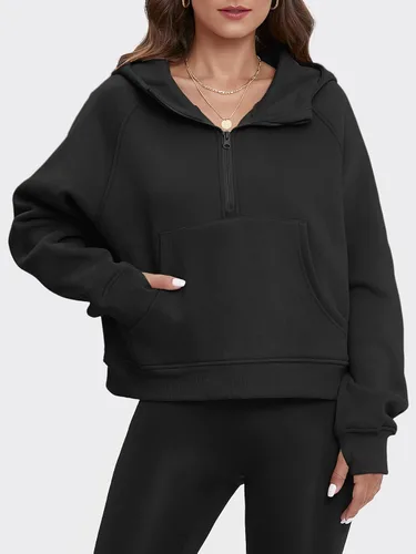 Vista 4 de ATHMILE Sudaderas cortas con capucha para mujer, media cremallera, forro polar, ropa de invierno, con cremallera de un cuarto