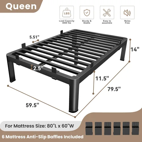 Vista 57 de MAF - Base de cama de plataforma de 14 pulgadas para cama individual con listones de madera, base de cama de metal resistente de 3500 libras
