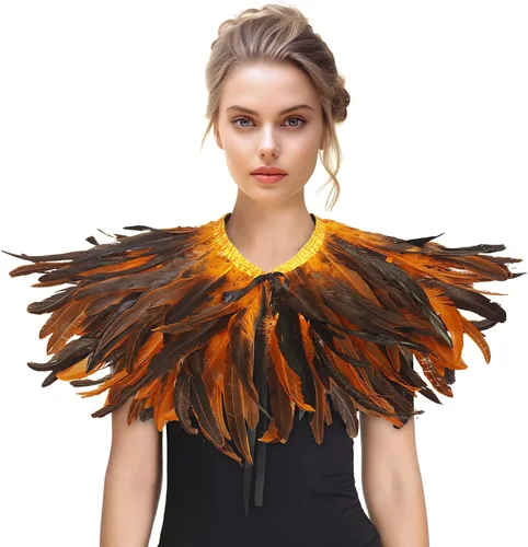 Vista 6 de HOMELEX Chal de plumas para mujer, collar de plumas de cuervo, capa de cisne de Halloween, accesorios de disfraz de bruja Layered feather shawl