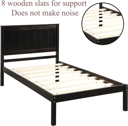 Vista 6 de Marco de cama de tamaño individual con cabecero, marco de cama de plataforma de madera, estilo rústico moderno, resistente, soporte de listones