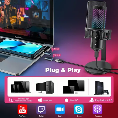 Vista 2 de ZealSound Micrófono USB para iPhone, iPad, teléfono, PC, micrófono RGB para juegos con metal completo, silencio, filtro pop, ganancia