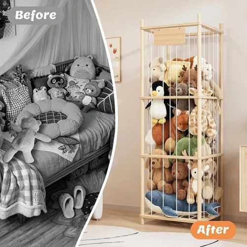 Vista 5 de Almacenamiento de animales de peluche, soporte de madera para juguetes de zoológico para habitaciones de niños, organizador de juguetes de ahorro