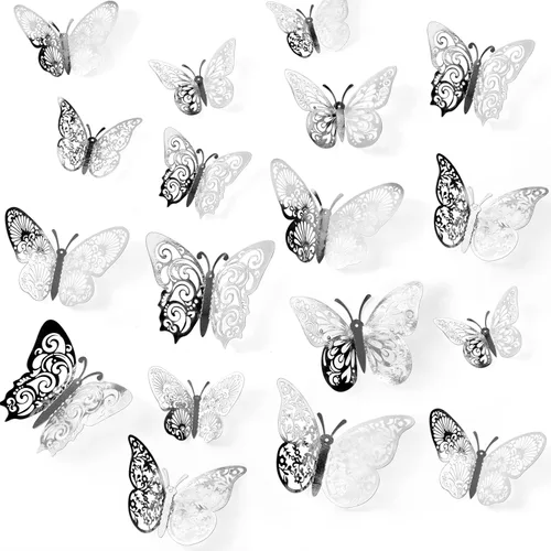 Vista 11 de 72 decoraciones de mariposa negra, 3 tamaños, 3 estilos, decoración de pared 3D para fiestas, cumpleaños y manualidades Butterfly Party