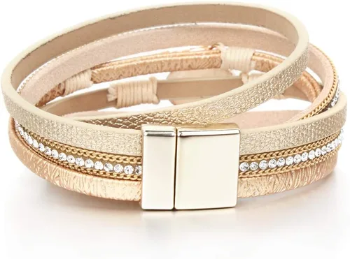 Vista 5 de FANCY SHINY Pulseras de cuero boho de doble envoltura, pulseras apilables de cuentas de cristal con cierre magnético, regalos de joyería para mujeres
